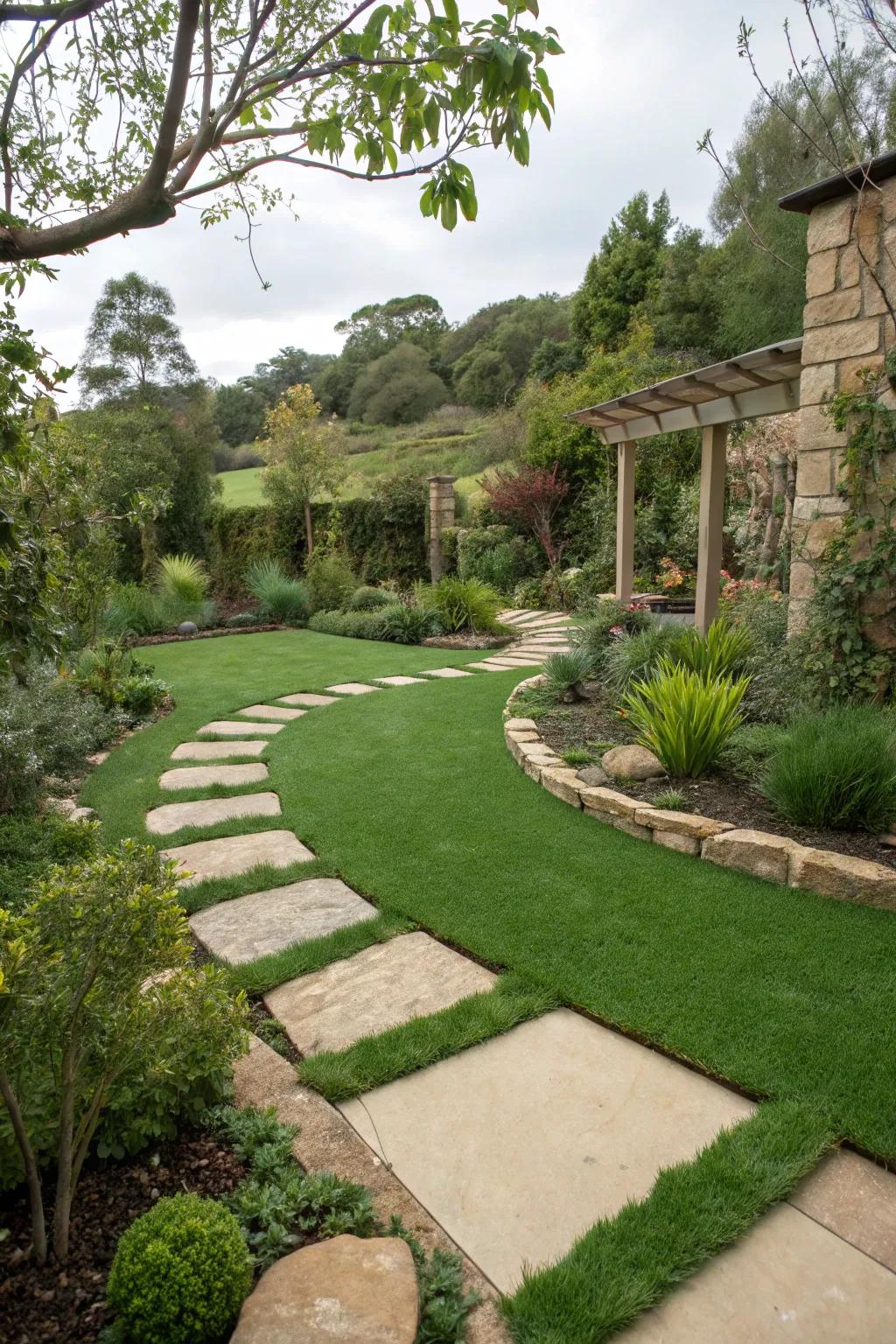 A scenic garden path with lush artificial grass.