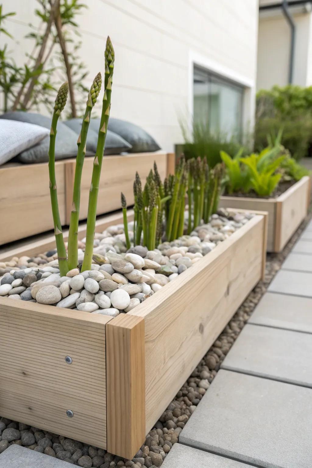 Discover the beauty of mixed materials in your garden with this stunning wood and stone asparagus bed.