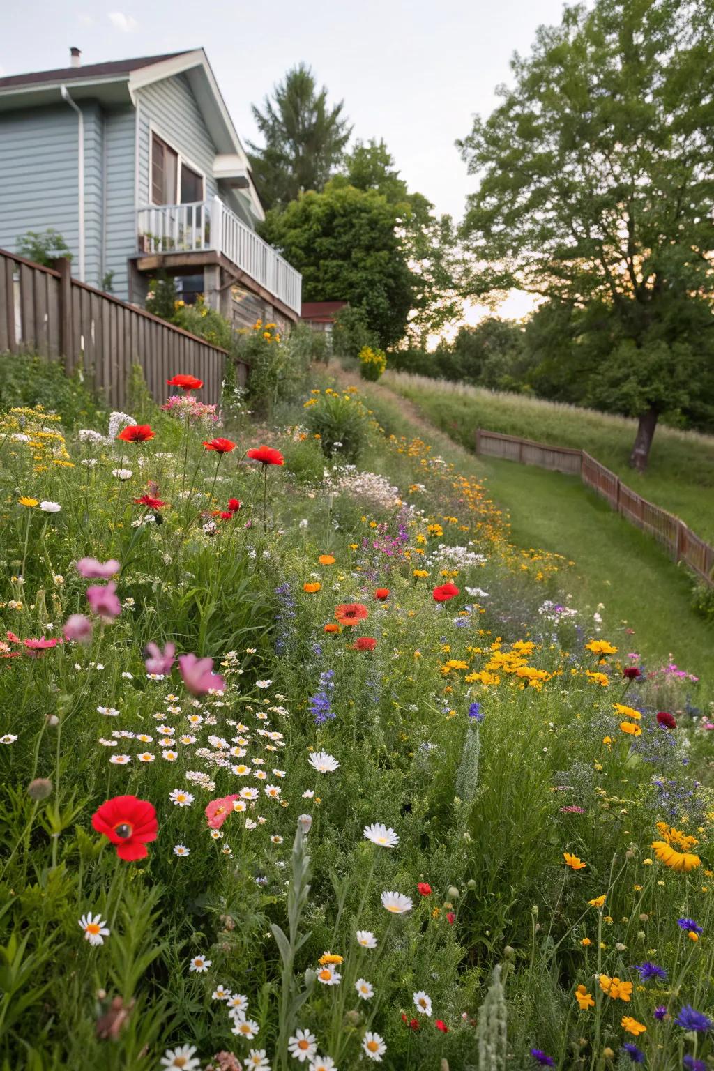 A wildflower meadow brings colorful life to a hillside.