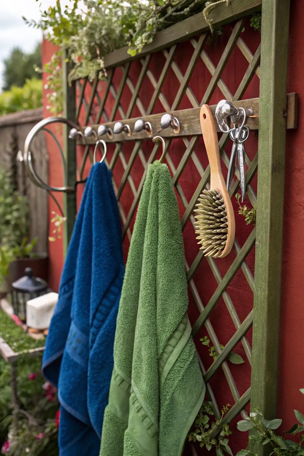 Upgrade your outdoor dog washing station with a handcrafted trellis towel holder—where style and function meet!