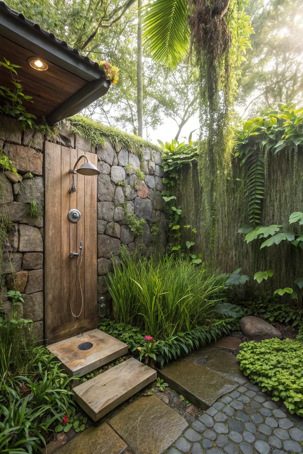 An outdoor shower surrounded by rich greenery for an organic sensation.