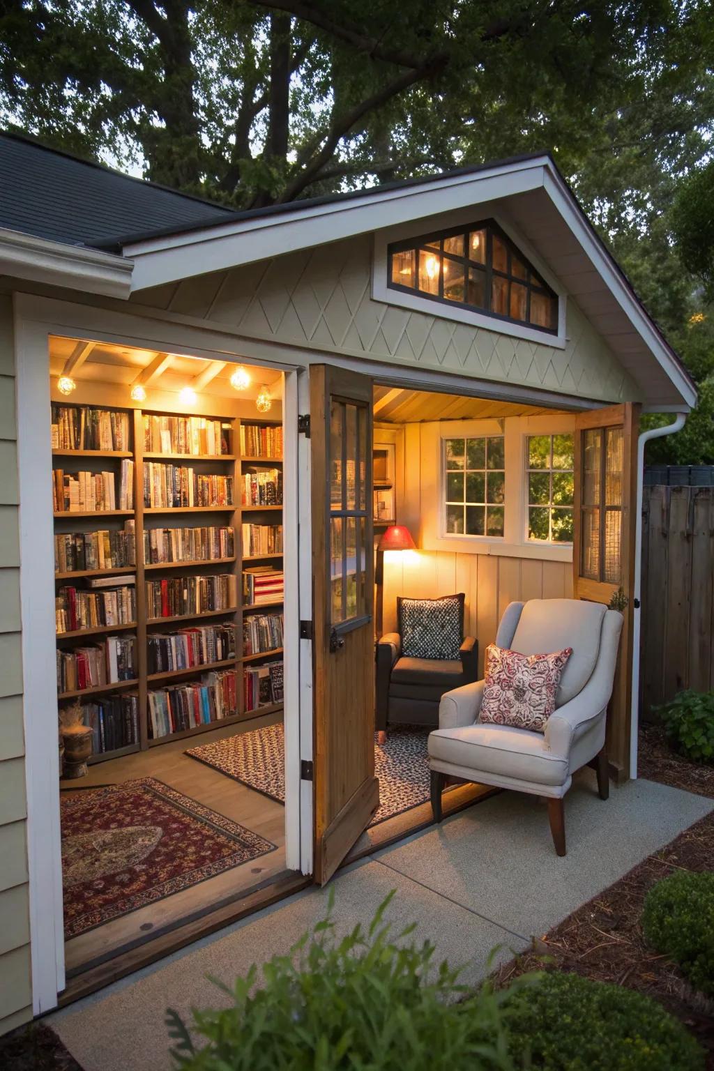 A cozy reading library nestled within a backyard shed.
