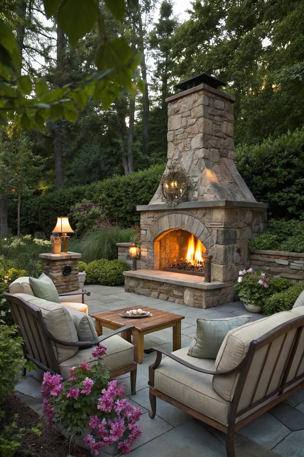 Elegant garden fireplace with chimney for a luxurious outdoor experience.