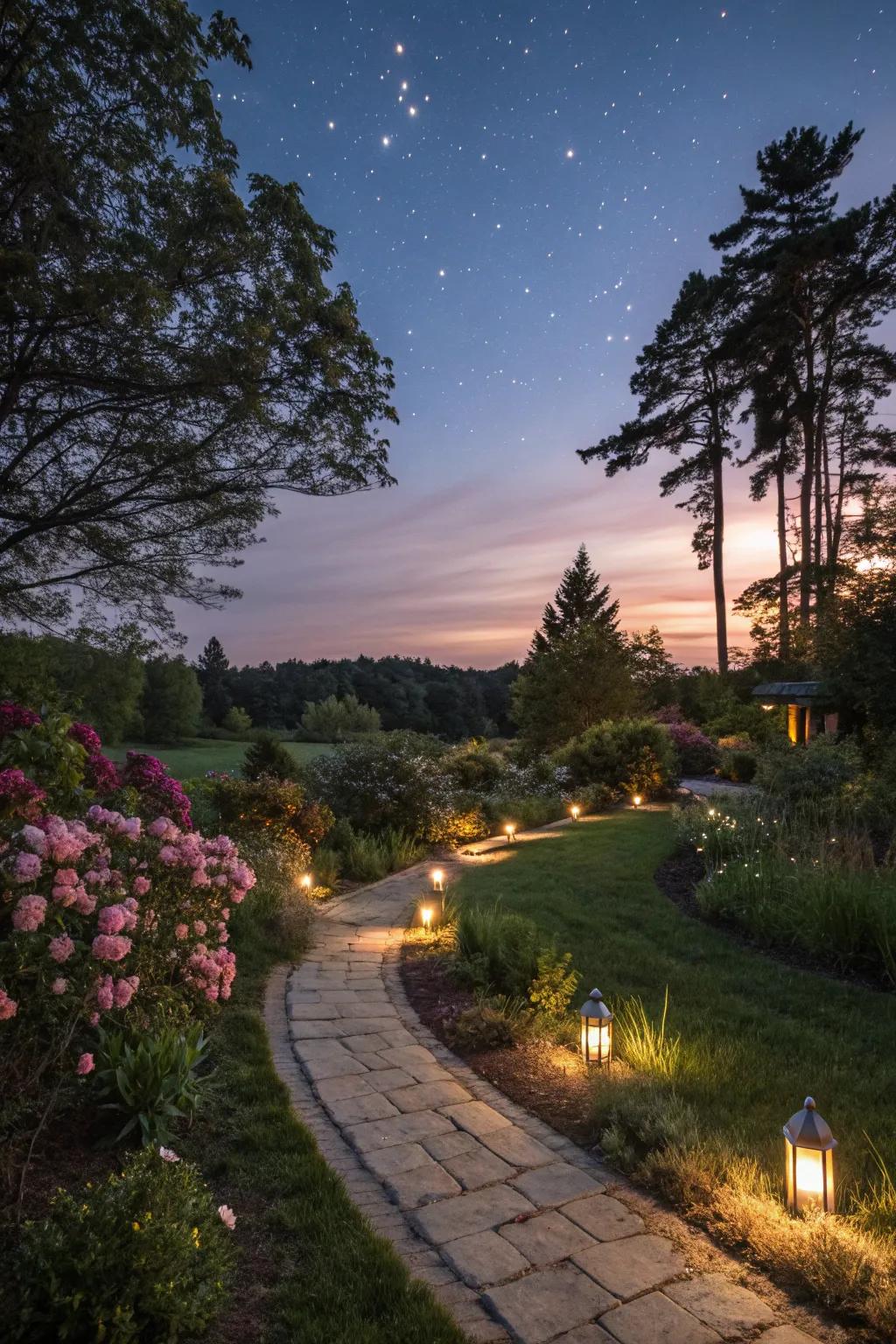 A garden path illuminated with solar lights.