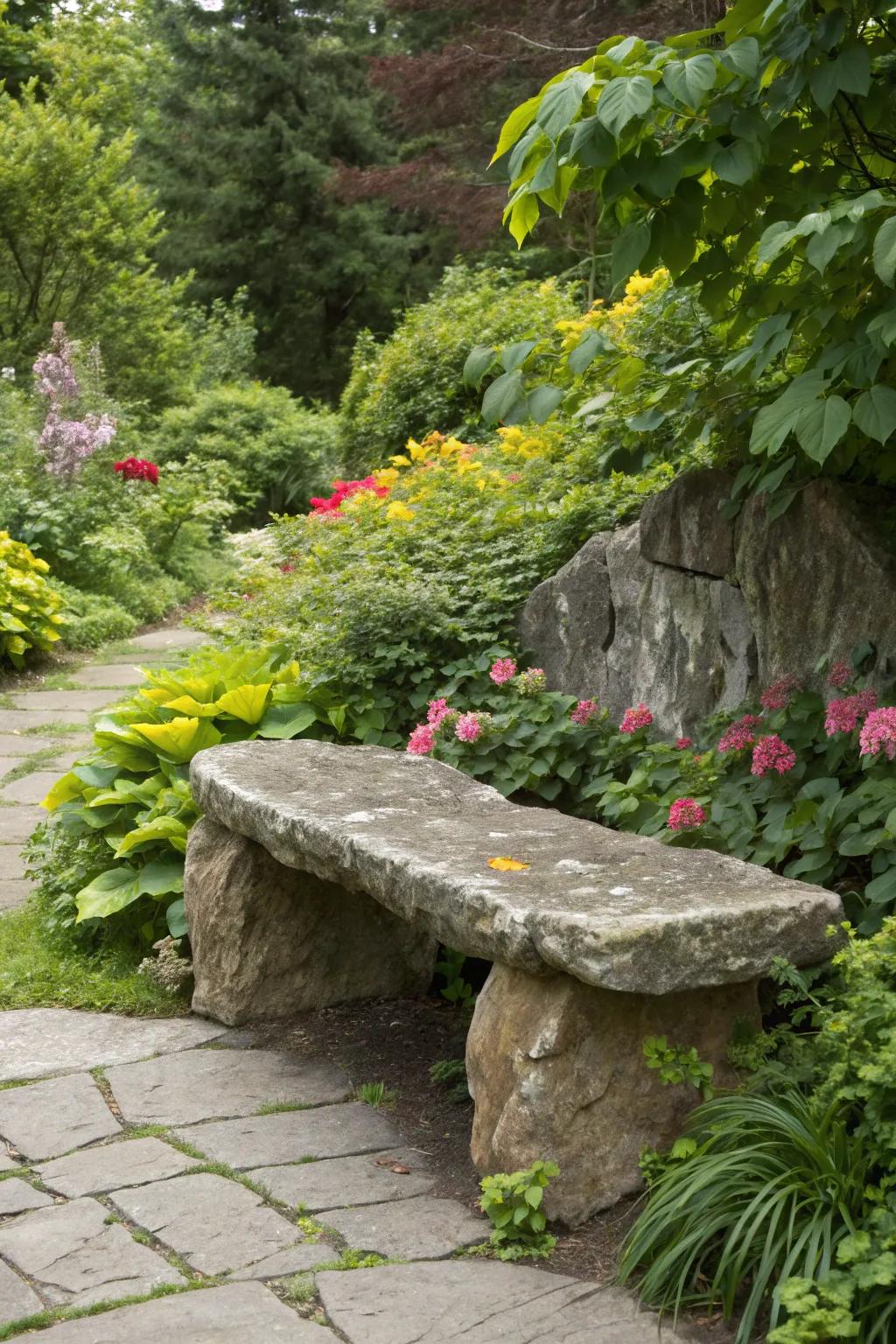 Stone benches offer a seamless blend with natural surroundings.