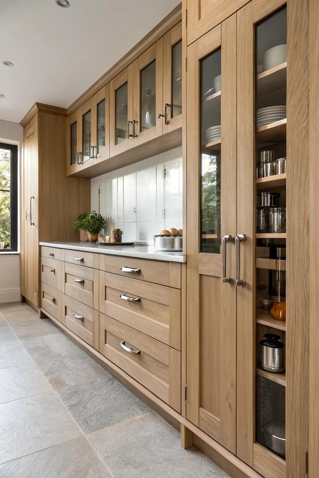 Mixed material handles add depth and texture to shaker cabinets.