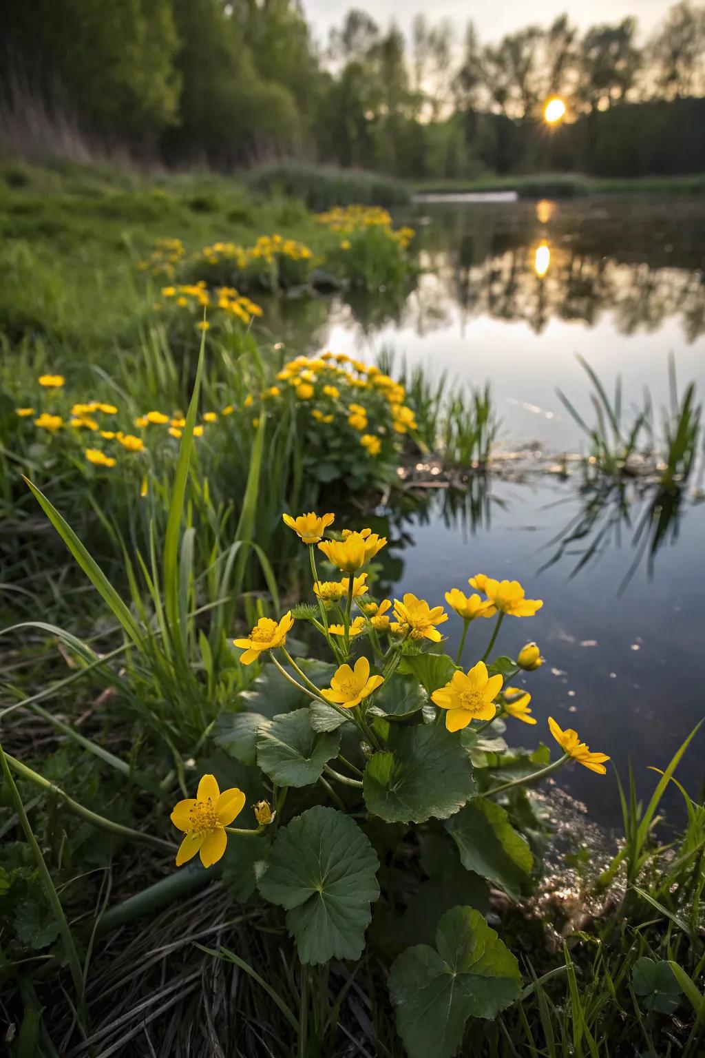 Golden Bloom brightens the pond through its golden spring blossoms.