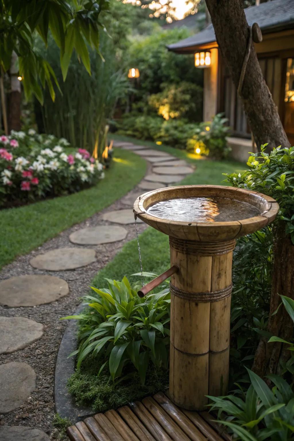 A cane bird watering spot delivering a serene, authentic aesthetic.