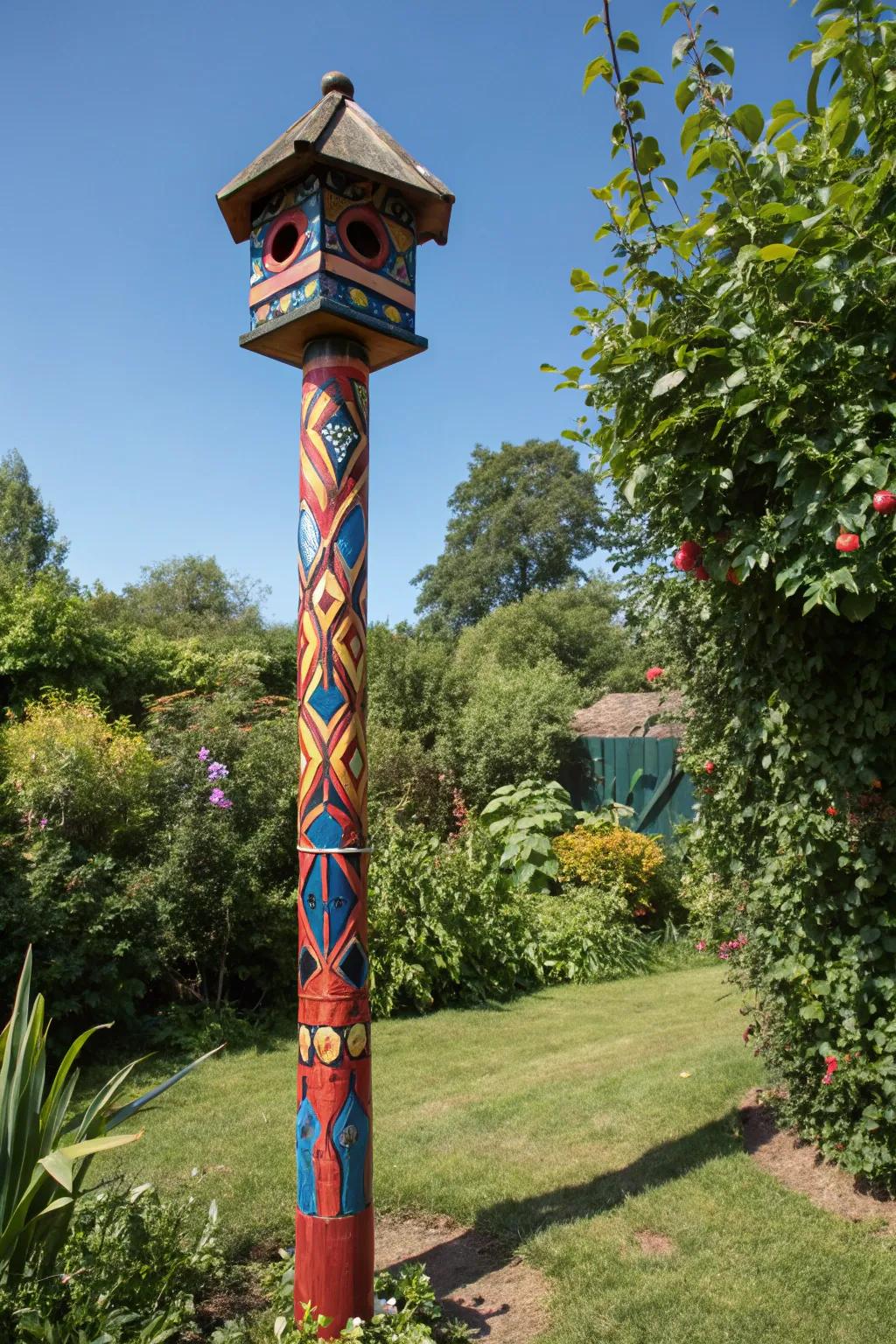 Transform your garden into a vibrant haven with a colorful painted bird feeder pole.