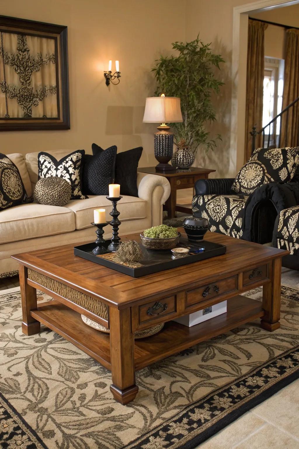 Wooden accents bring warmth to this stylish living room.