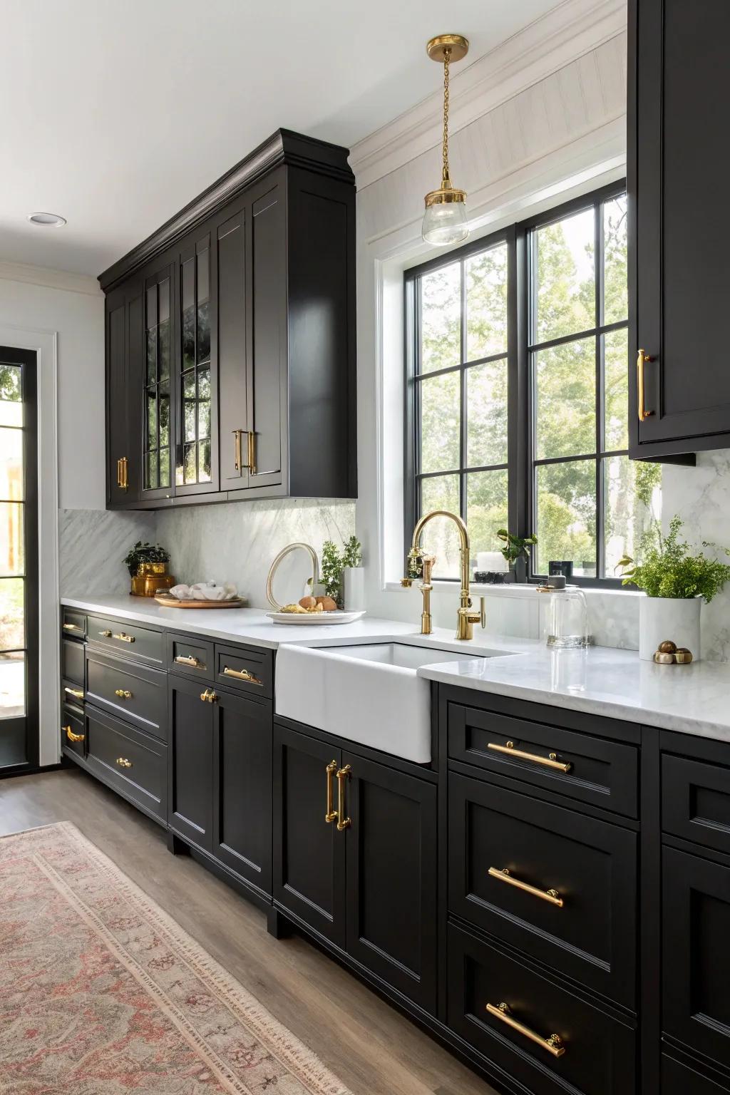 Gold hardware on black cabinetry enhances elegance.