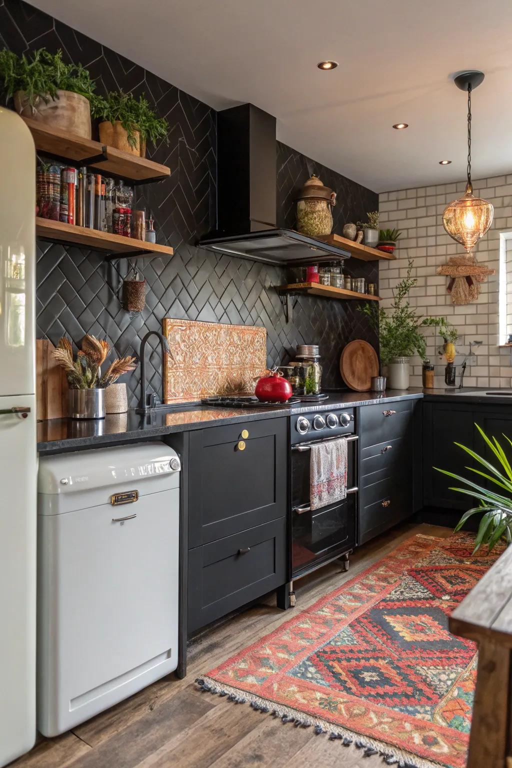 An eclectic kitchen where traditional and modern elements harmonize around a black backsplash.