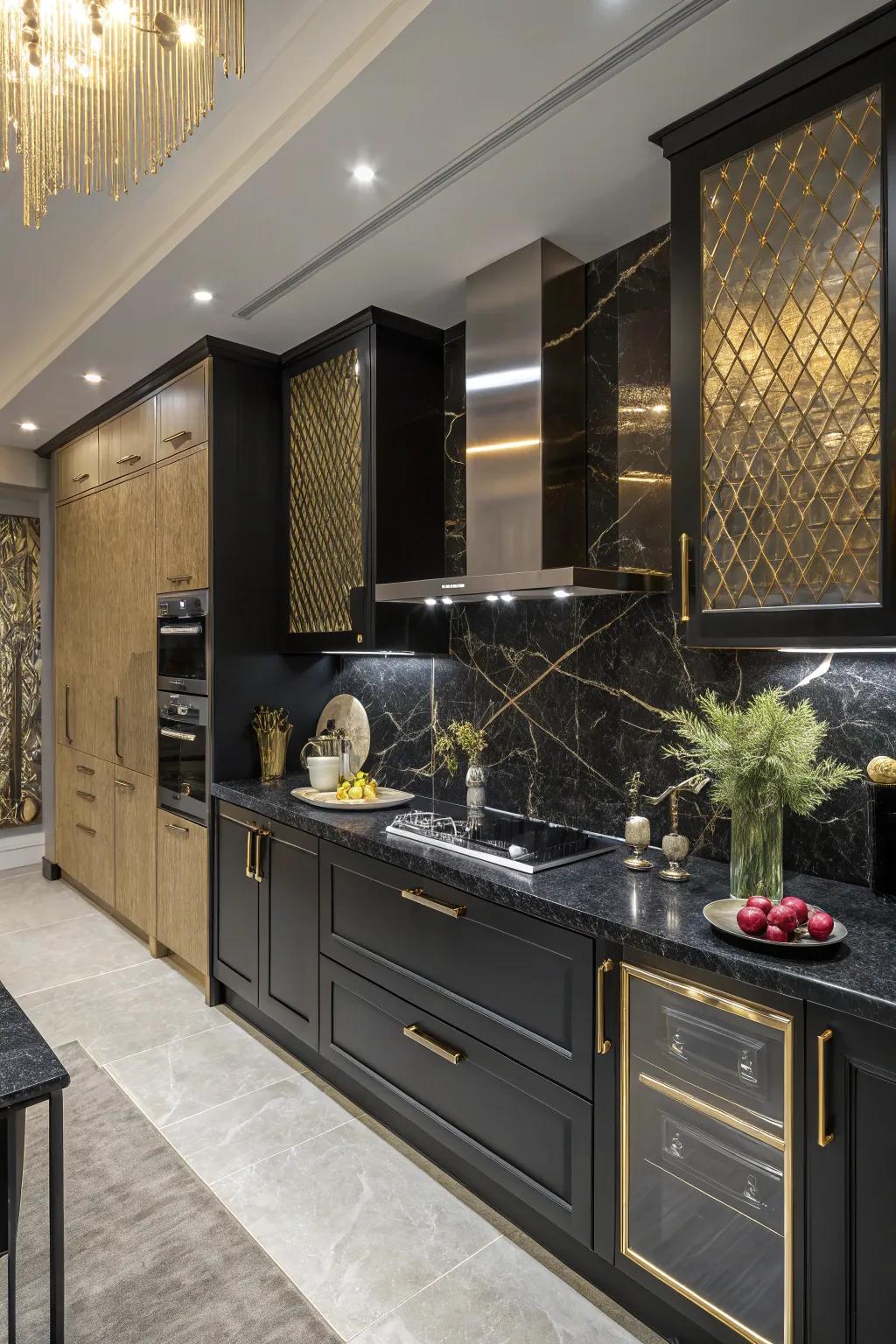Metallic hints elevate ebony countertops.