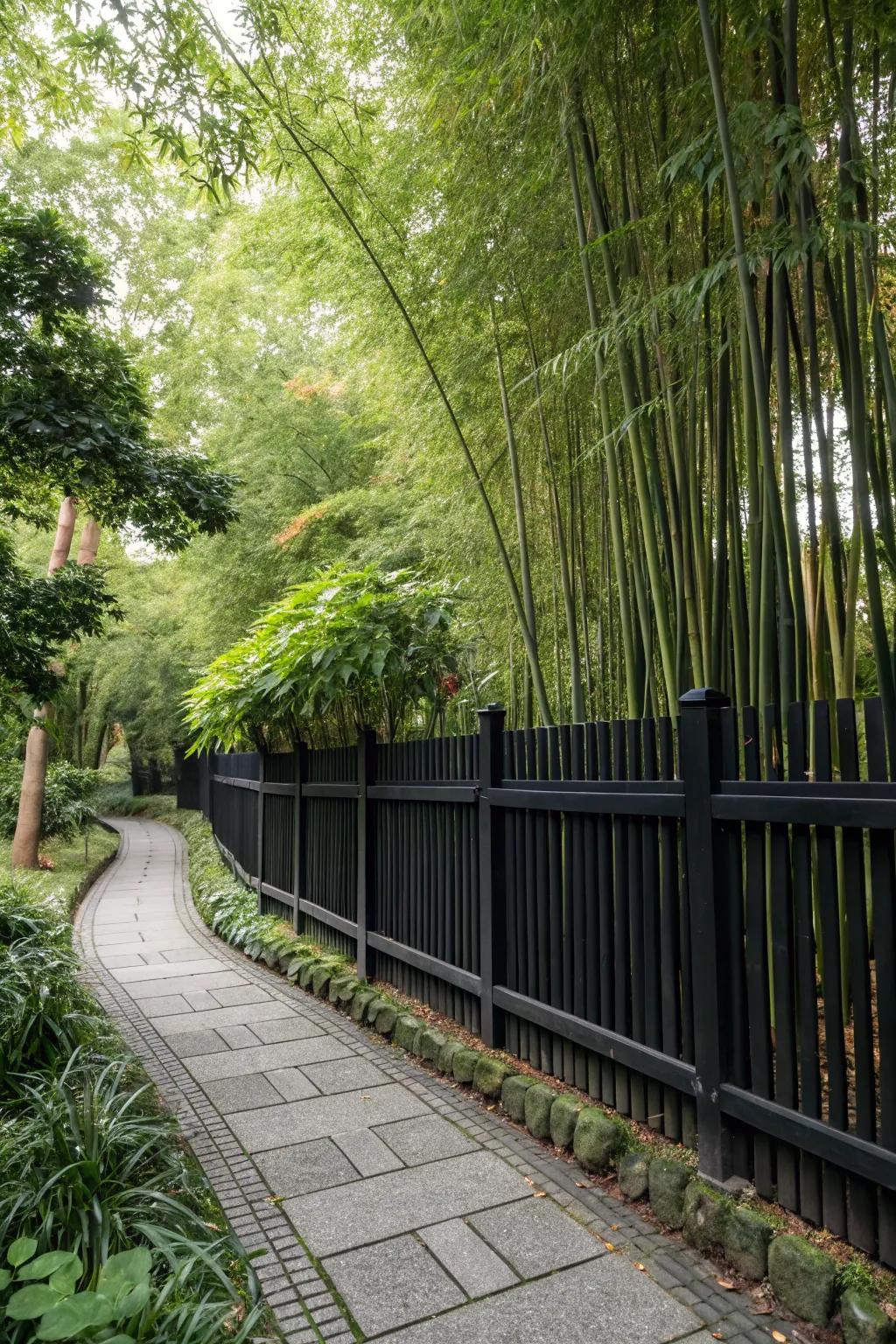 A harmonious blend of a black fence and bamboo for a Zen garden.