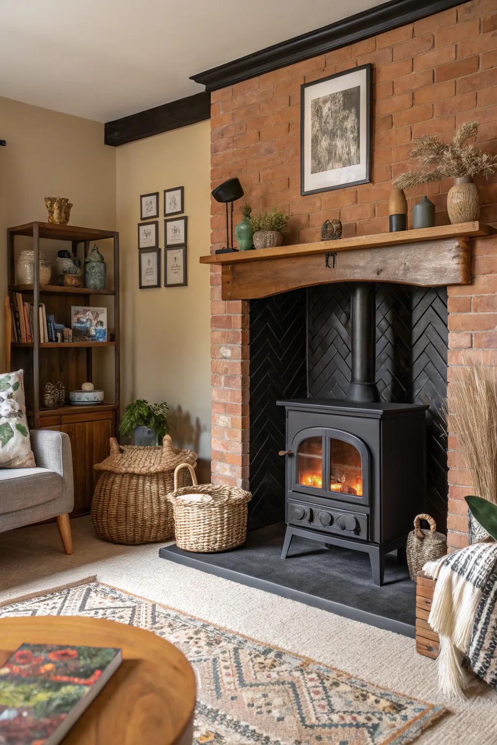 Create depth and interest with a mixed material black fireplace.