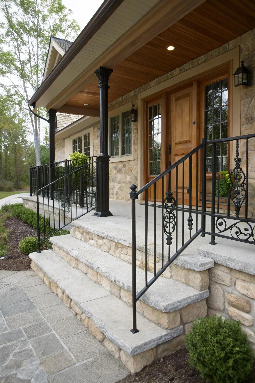 Stone and metal create a grounded yet stylish porch aesthetic.