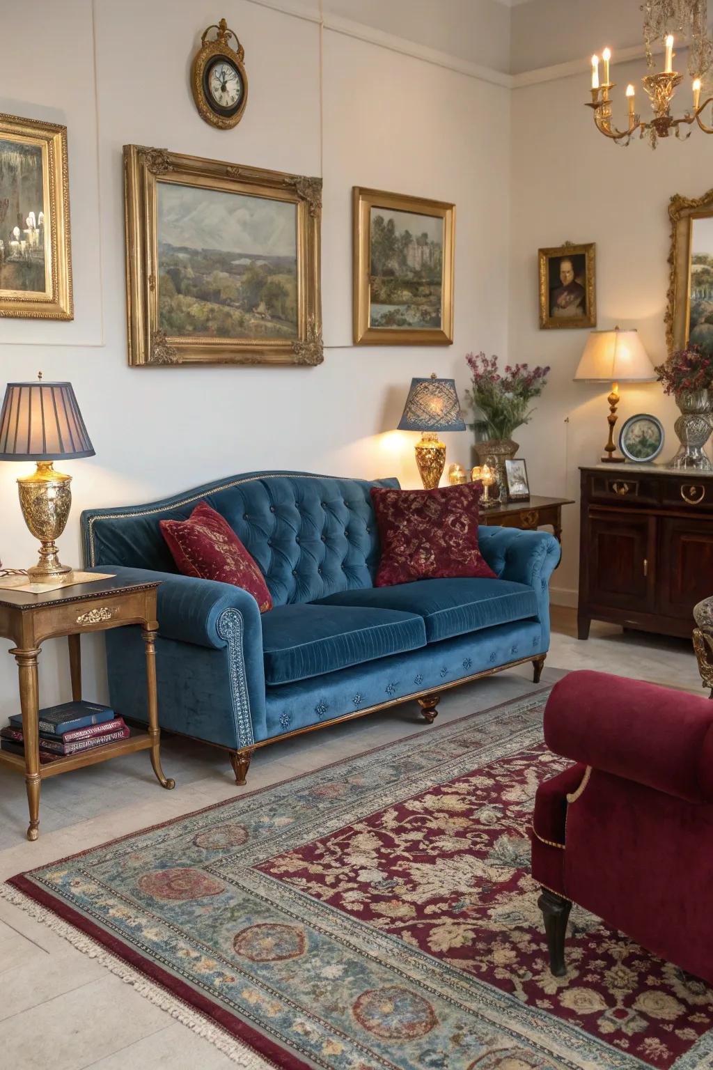 Aged items in cerulean and wine hues adding timeless charm.