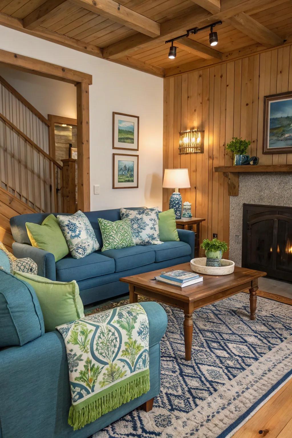 Blue and green highlights bring a fresh and lively feel to this welcoming living room.