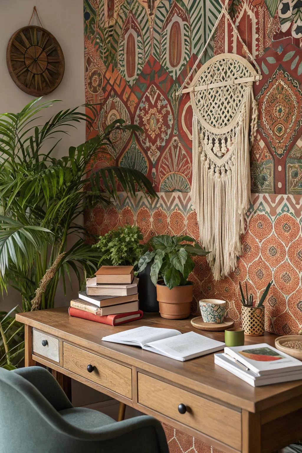 Bold wallpaper adds depth and a striking look to the office.