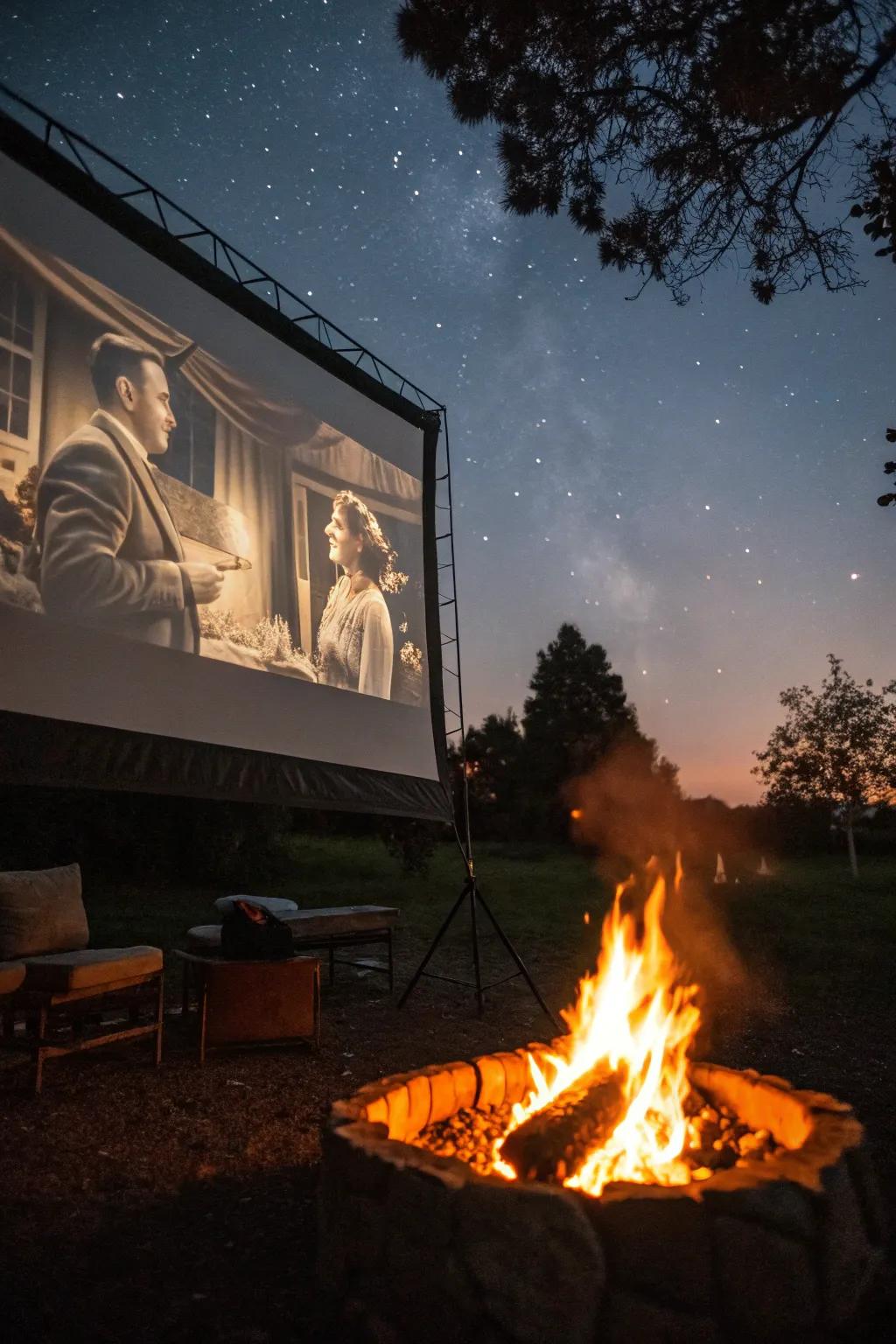 An outdoor cinema experience by the bonfire.