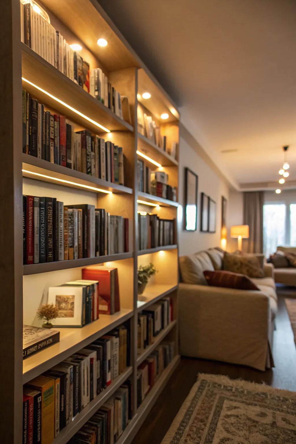 Picture lights add drama and elegance to bookshelf displays.