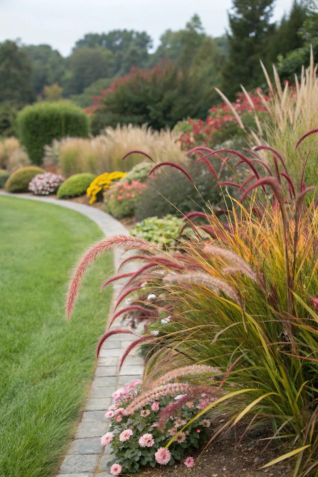 Marbled grasses add an unexpected touch to garden perimeters.