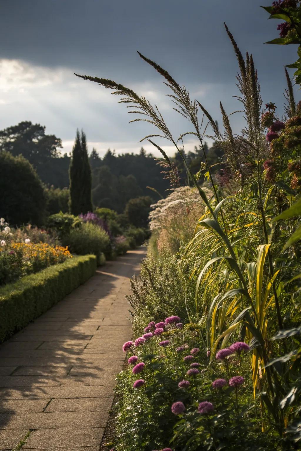 A dramatic garden border with tall plants.