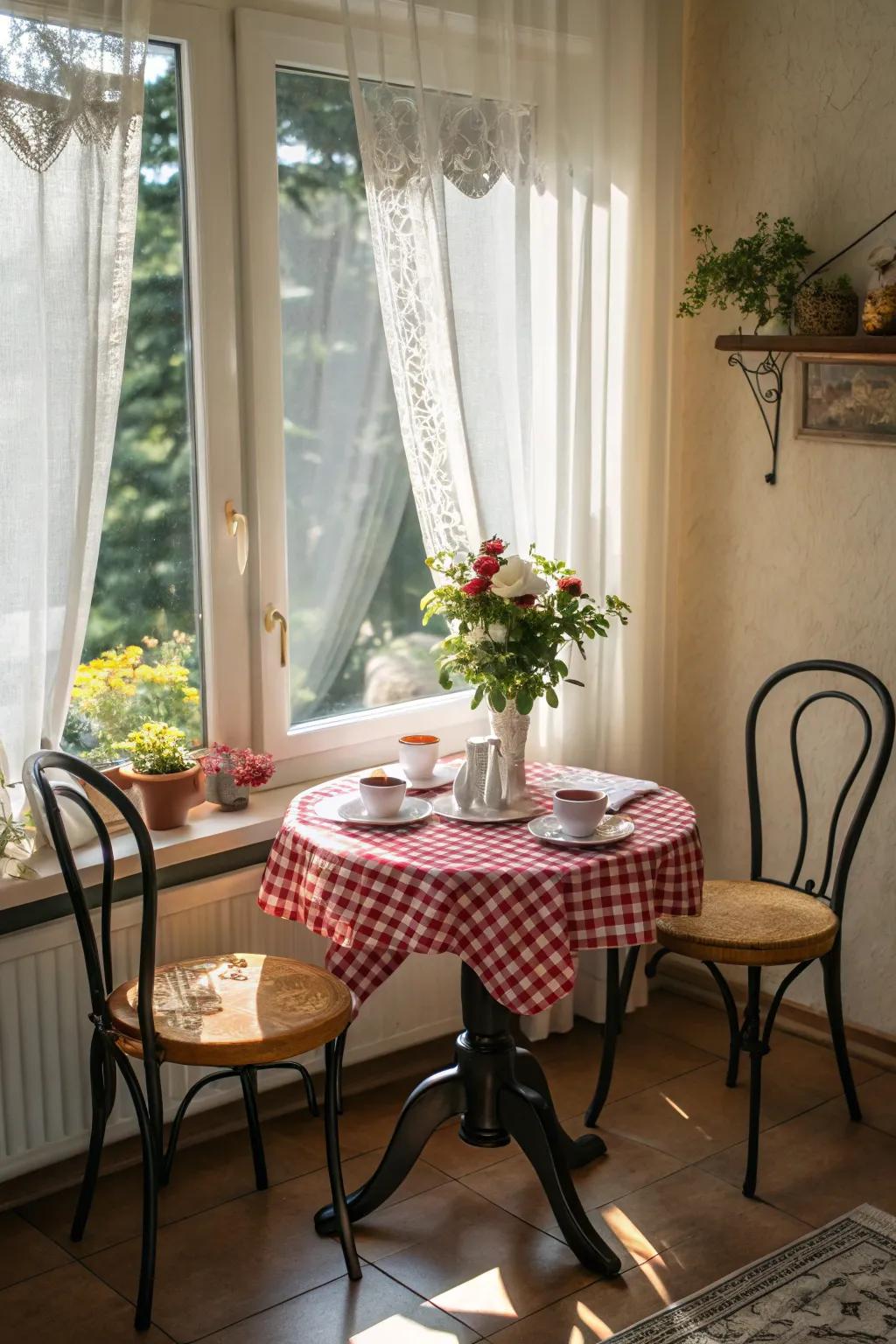 A bistro-style nook offers a cozy and quaint dining experience.