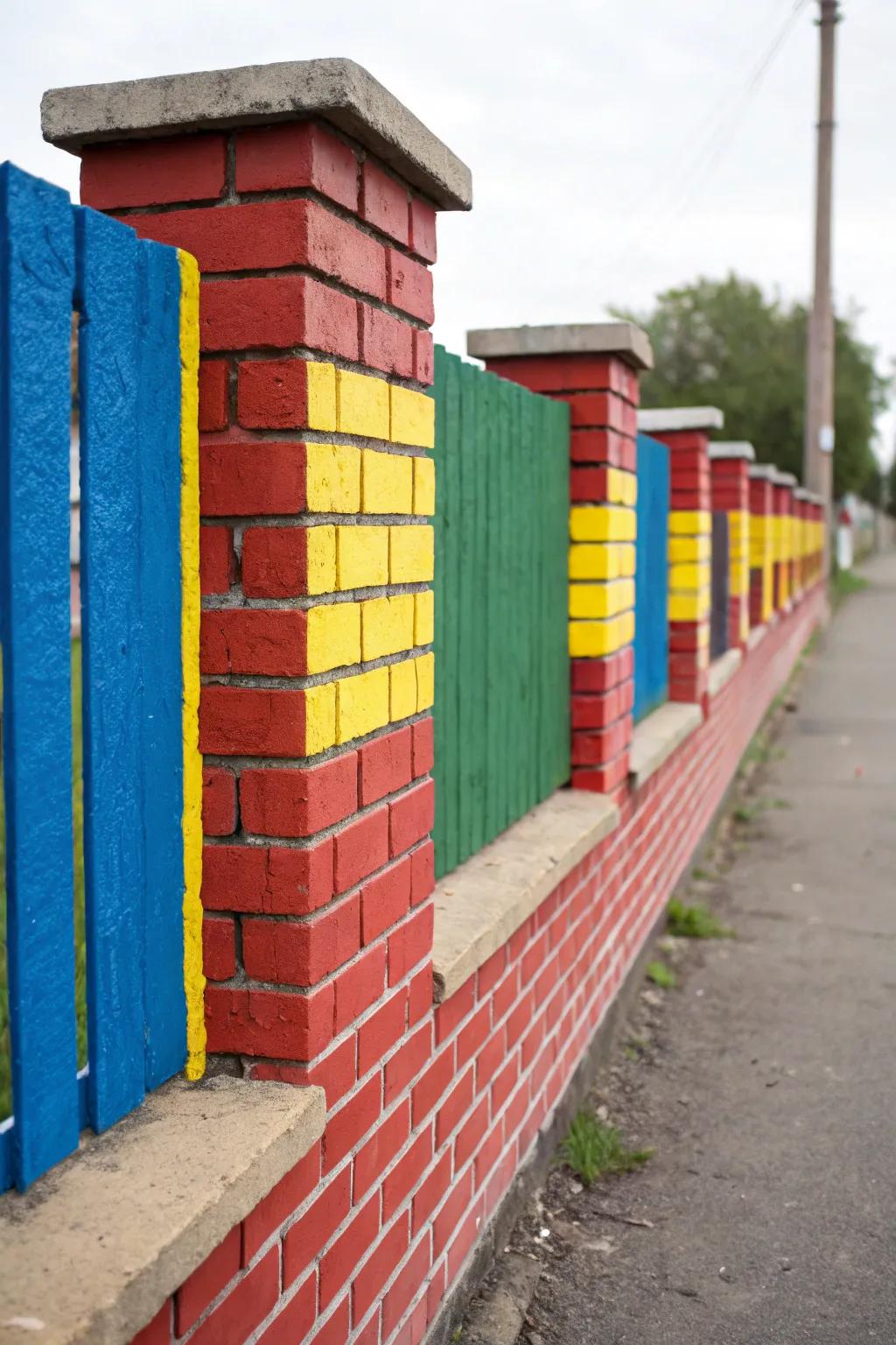 Color blocking lends a lively, striking declaration to brick fences.