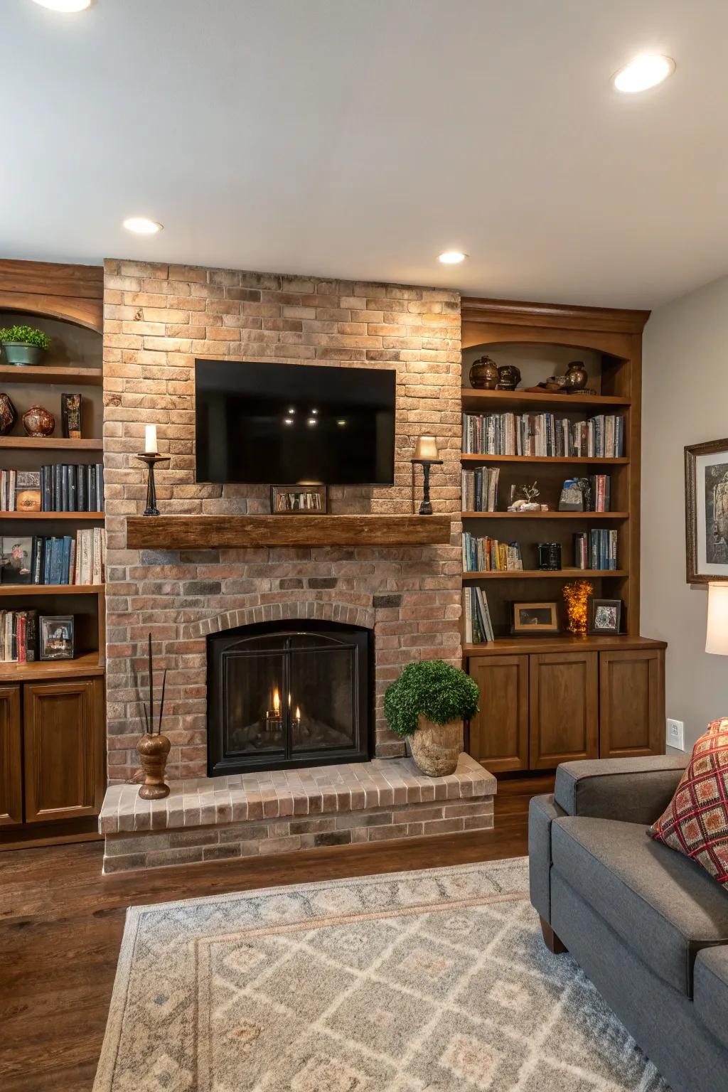 Surrounding your fireplace with shelves increases storage and charm.