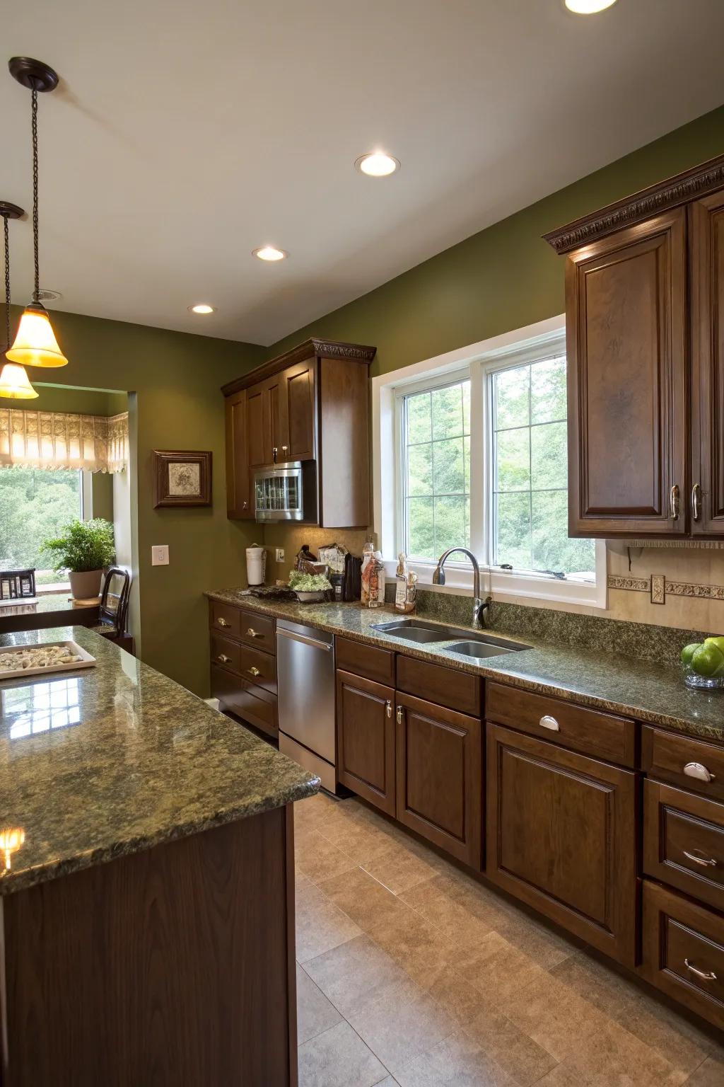 Forest green walls offer a sophisticated, organic complement.