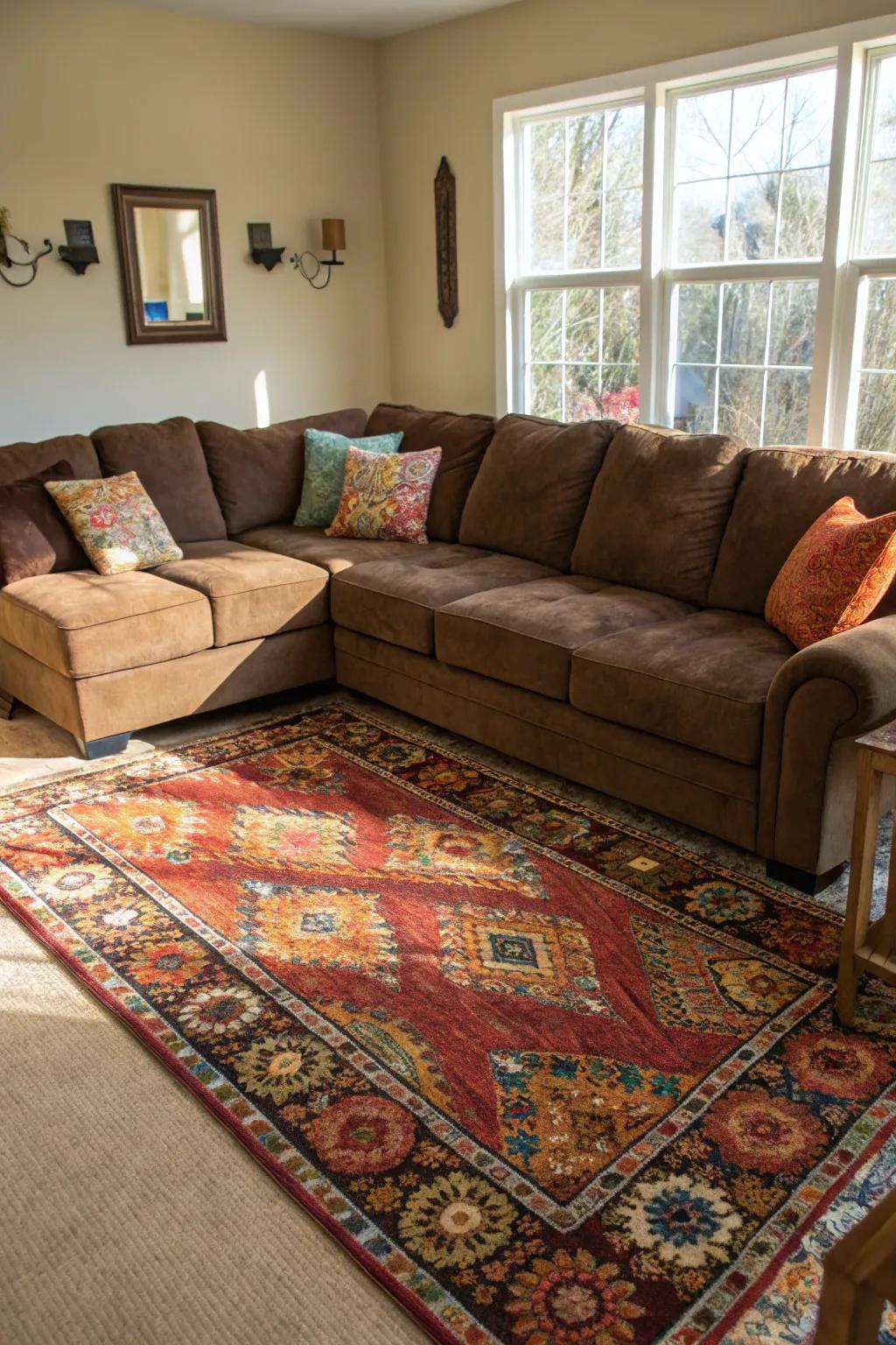 A statement rug adds color and pattern to a living room with a brown sectional.