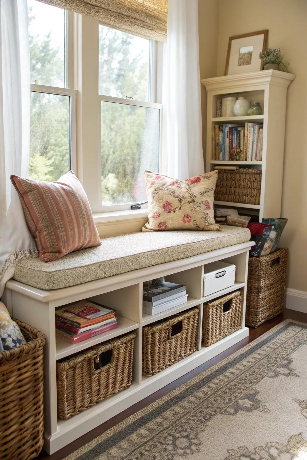 Under-bench storage provides a clever method for keeping your living room organized.