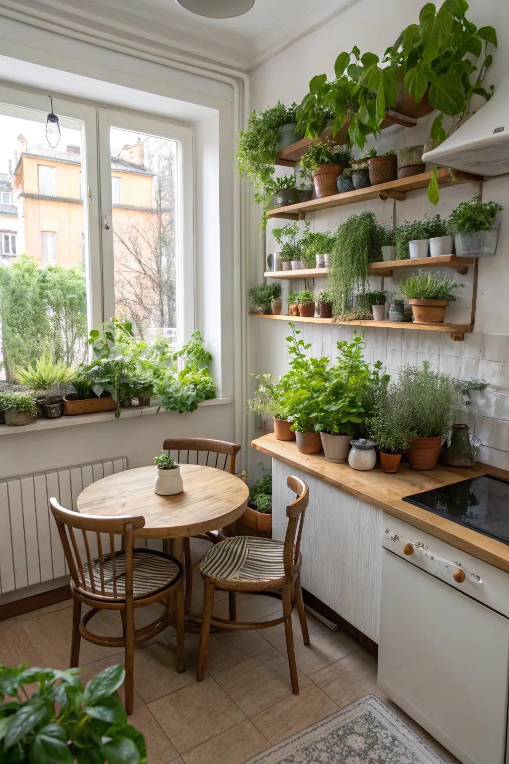 Greenery introduces a fresh and vibrant touch inside this cooking space.