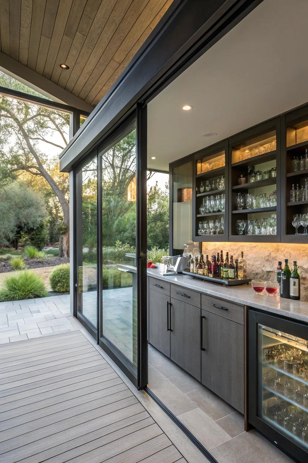 A serving bar merges indoor and outdoor entertaining seamlessly.