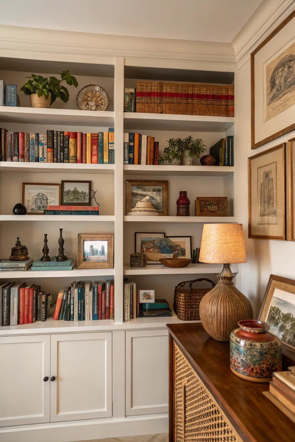 The built-in shelves have a vibrant feel thanks to an eclectic assortment of items.