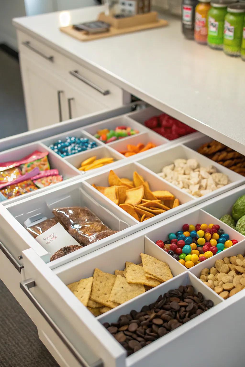 Drawers under cabinets add hidden places for storage.