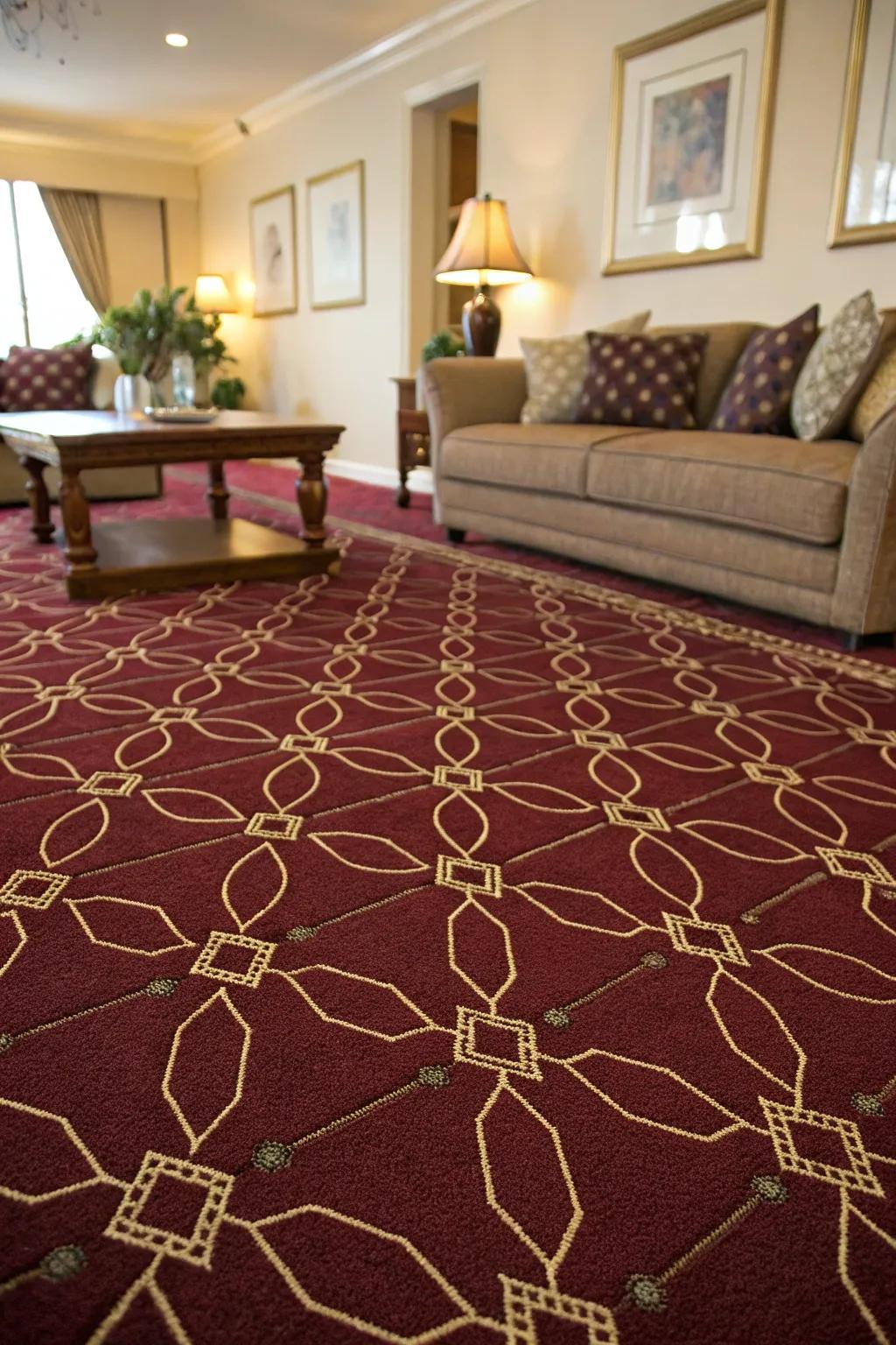 Geometrical patterns on a maroon carpet offer a modern edge.
