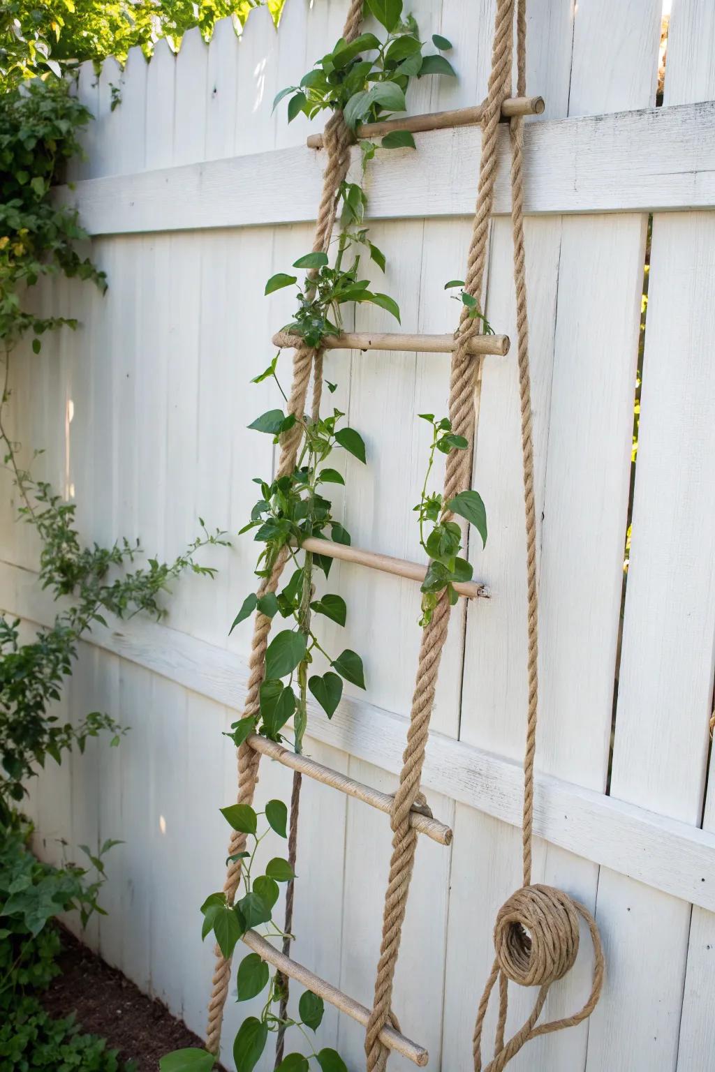 Elevate your garden with a chic rope ladder trellis, perfect for small spaces and a touch of playful elegance.