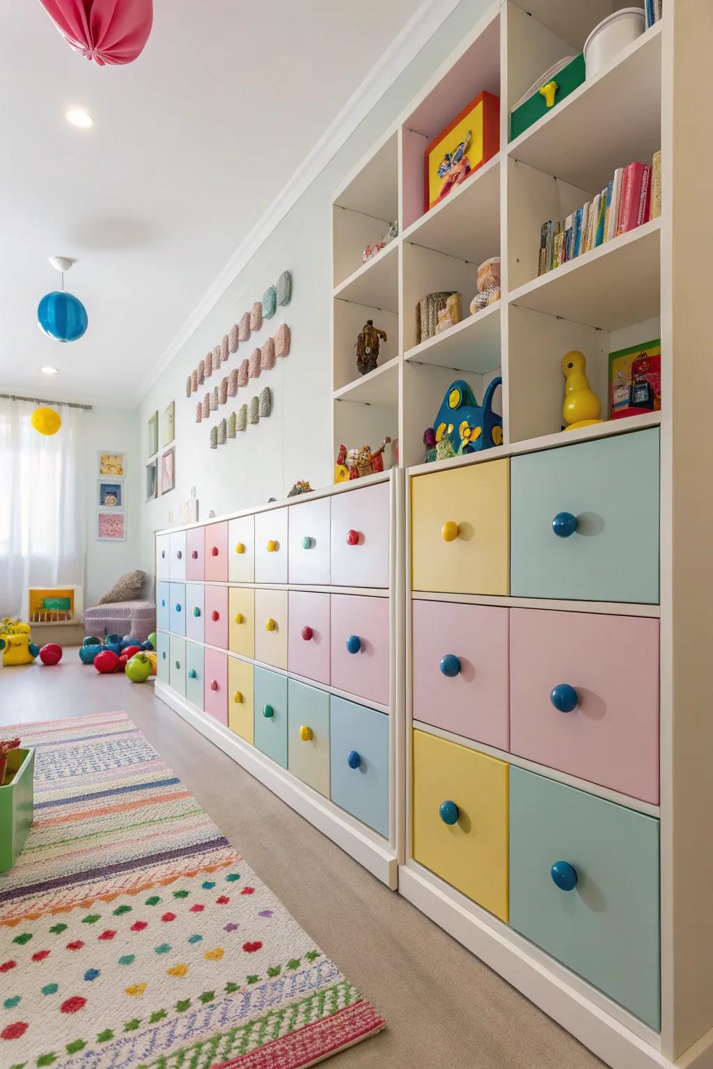 Colorful knobs bring a cheerful touch to vibrant playroom cabinets.