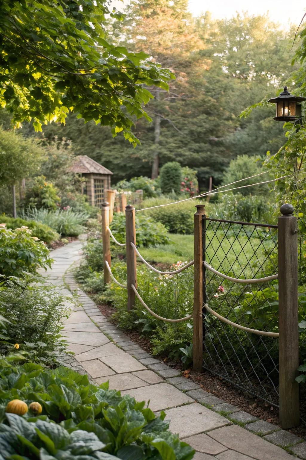 Subtle thread strand fence defining garden space