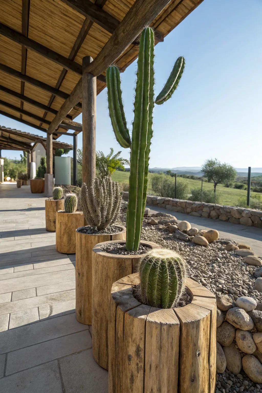 Countryside wood segments originate an earthen, natural backdrop for your cacti.