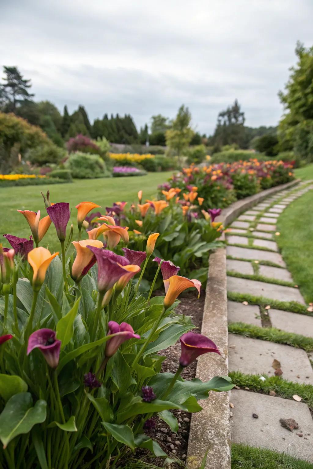 Bold shade schemes featuring calla lilies in the garden.