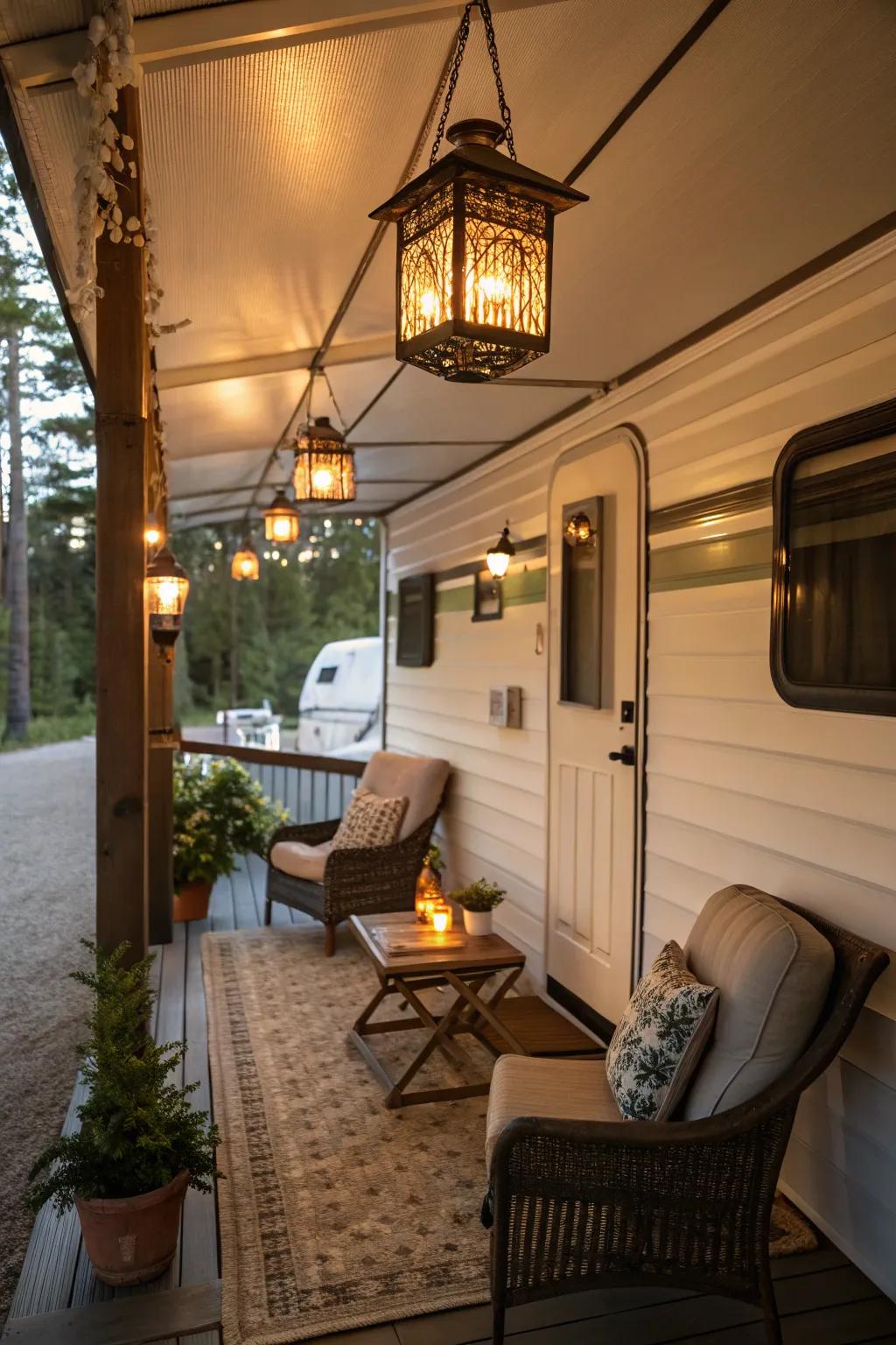Vintage lanterns adding a nostalgic glow to the porch.