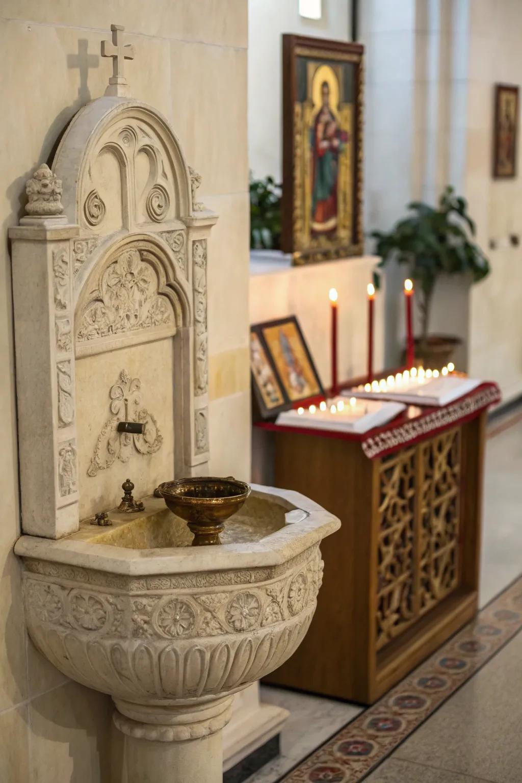 Holy water fonts serve as a sacred ritual and connection to faith.