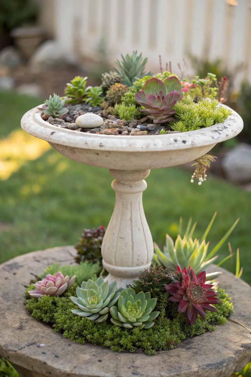 Transform your garden with a charming bird bath succulent centerpiece!