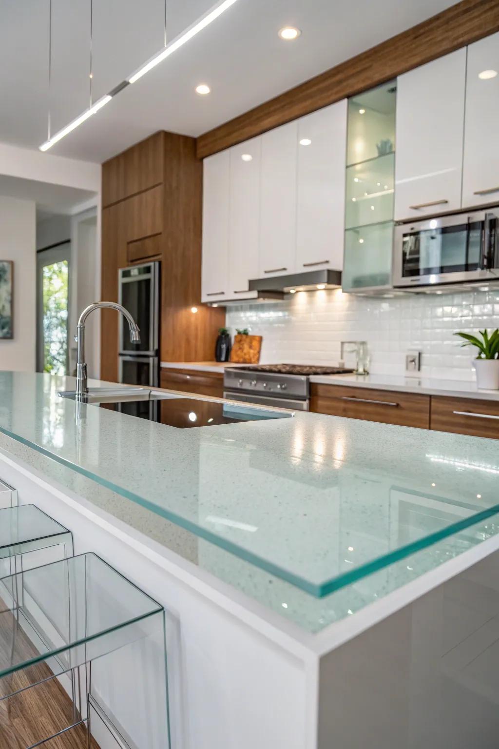 Elegant kitchen with modern glass countertops.