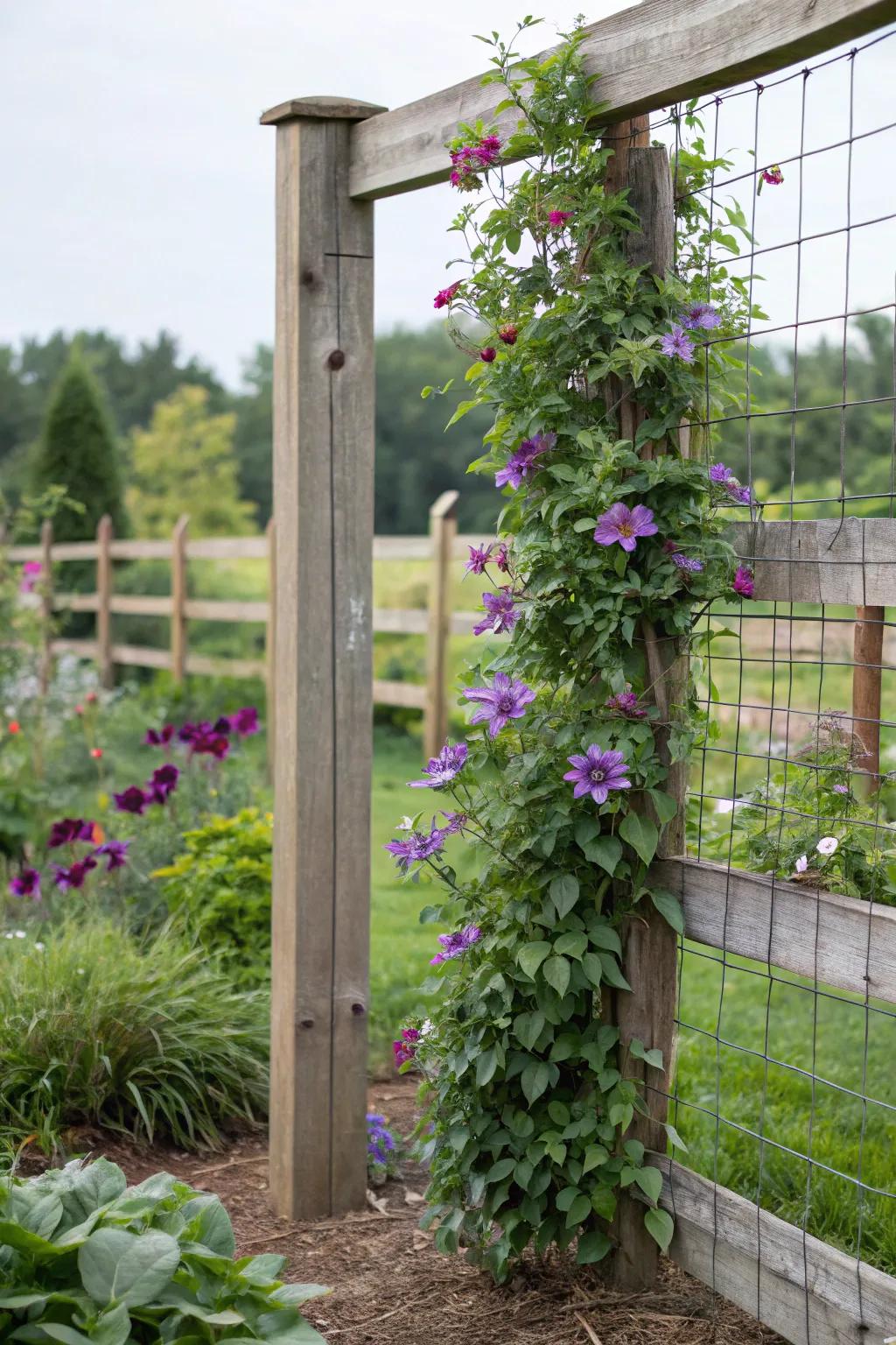 A livestock panel trellis provides a practical support for clematis.