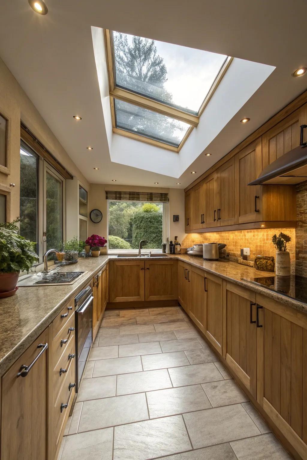 A skylight enhances openness with a flood of natural light.