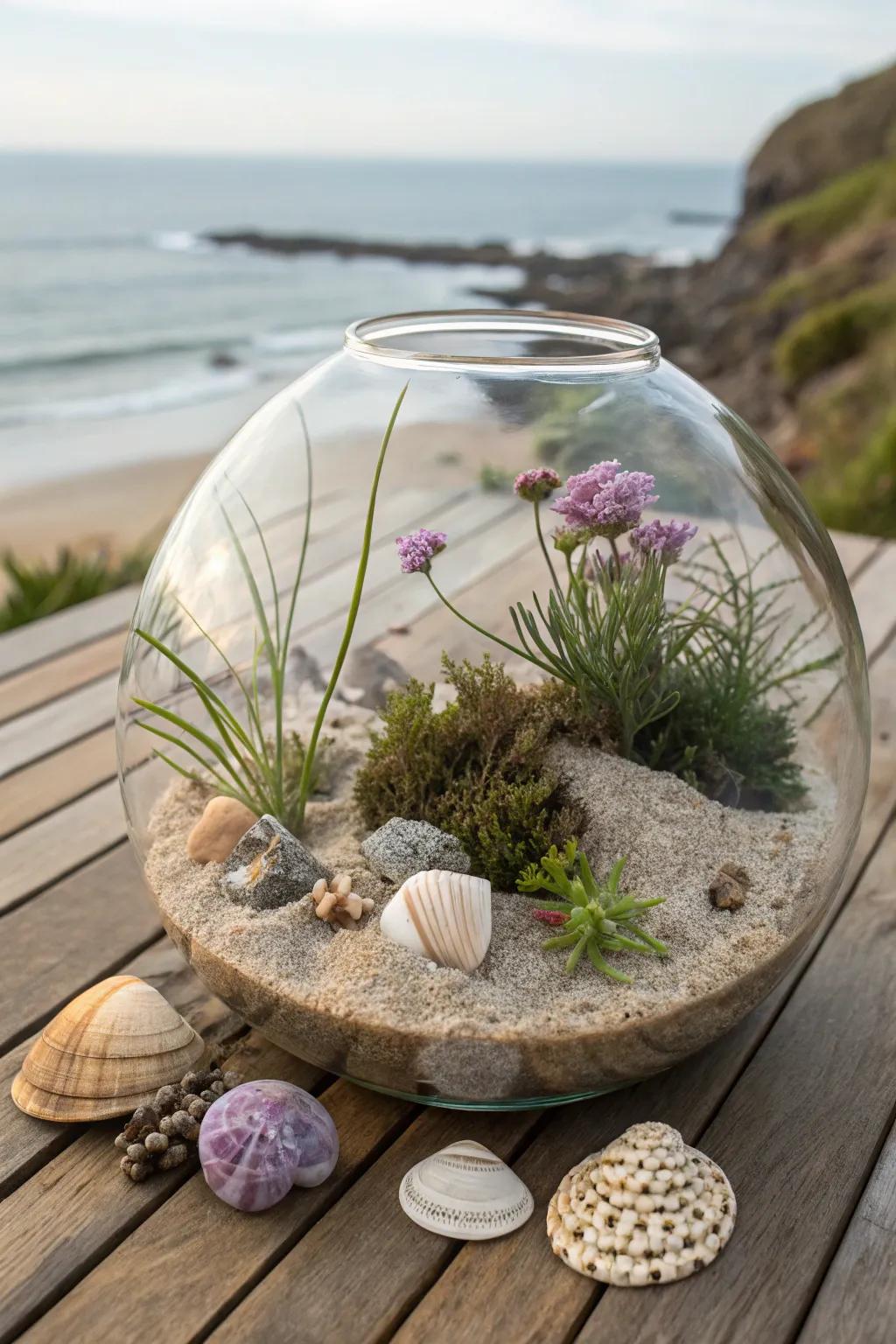 A seaside escape terrarium, capturing the ocean's tranquility.